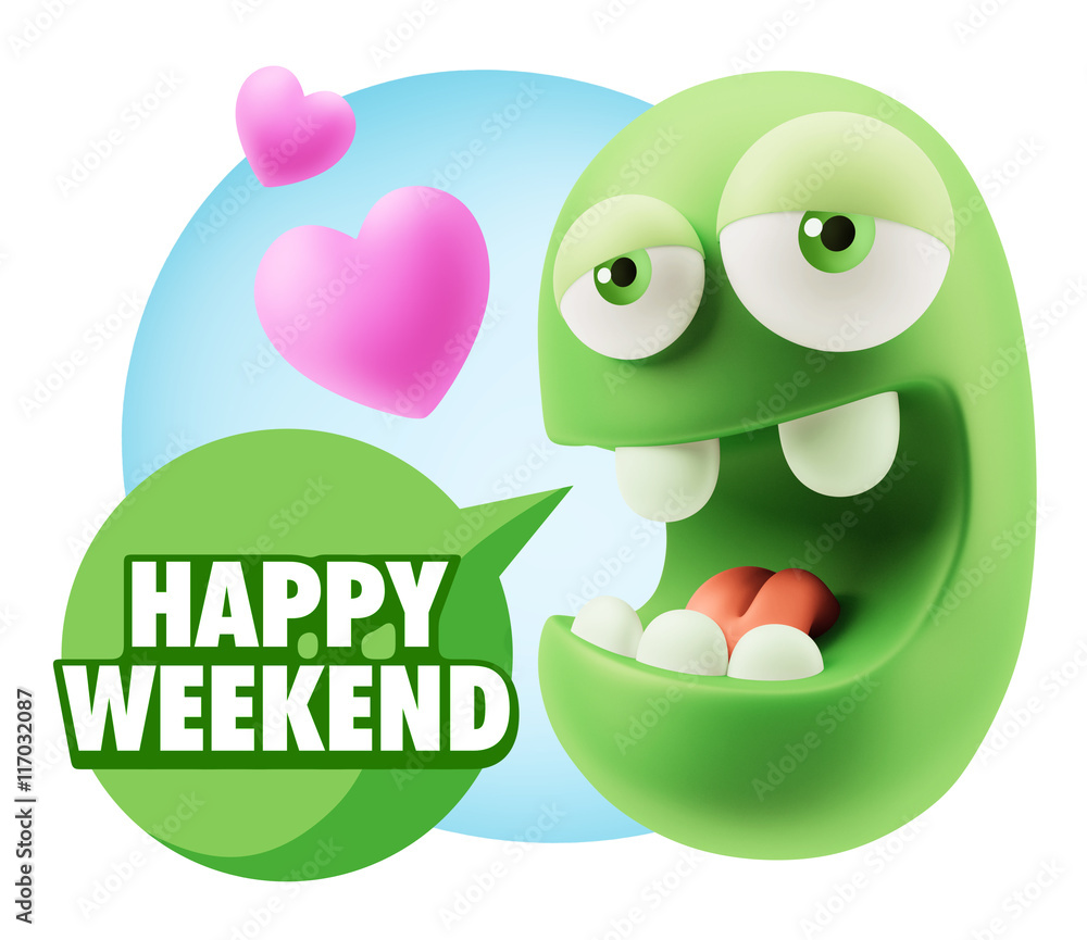 3d Rendering. Emoticon Face in Love saying Happy Weekend with Co 3d Rendering. Emoticon Face in Love saying Happy Weekend with Co