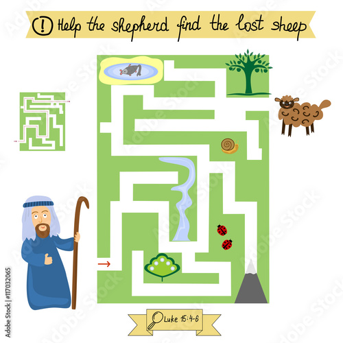 Job for children complete the maze and find lost sheep. Sunday school.