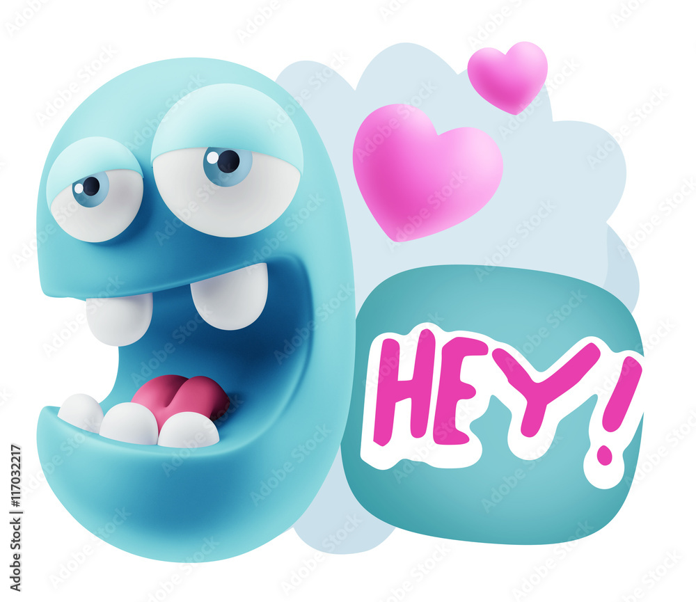 3d Rendering. Emoticon Face in Love saying Hey with Colorful Spe 3d Rendering. Emoticon Face in Love saying Hey with Colorful Spe