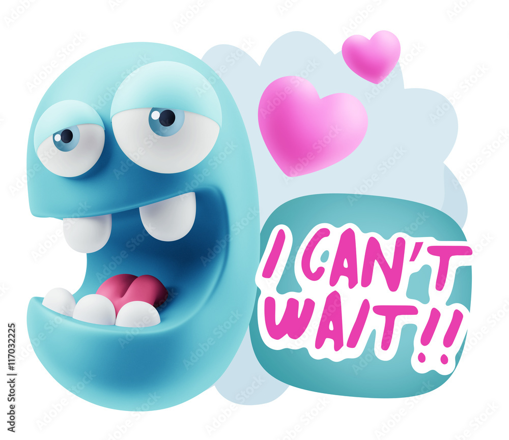 3d Rendering. Emoticon Face in Love saying I Can't Wait with Col 3d Rendering. Emoticon Face in Love saying I Can't Wait with Col