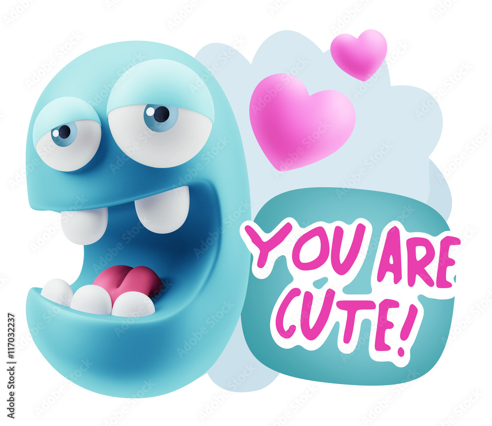 3d Rendering. Emoticon Face in Love saying You Are Cute with Col
