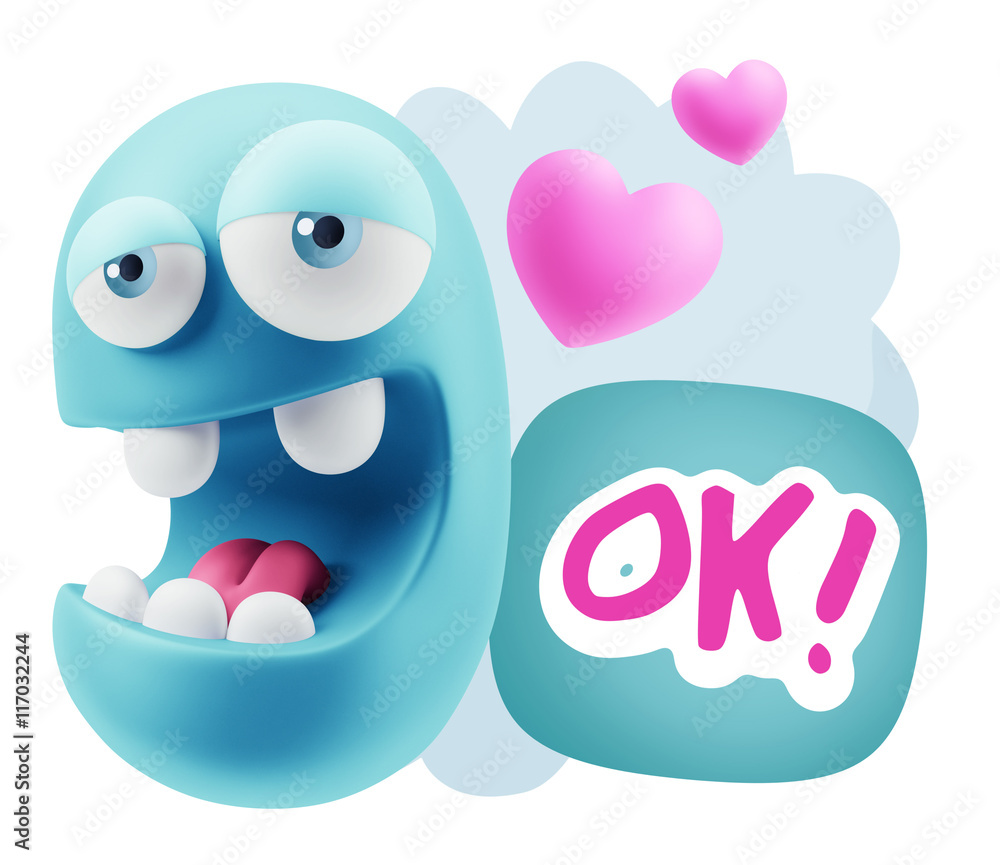 3d Rendering. Emoticon Face in Love saying Ok with Colorful Spee 3d Rendering. Emoticon Face in Love saying Ok with Colorful Spee