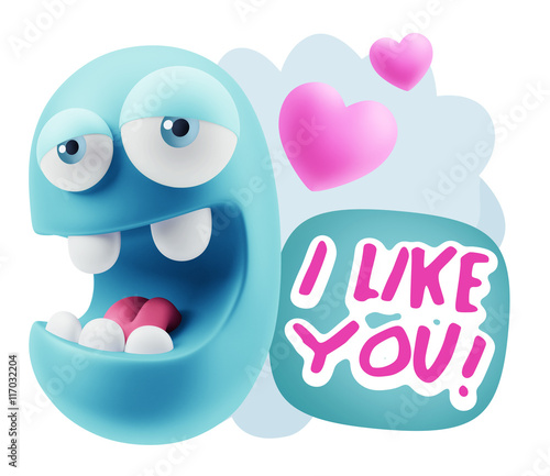 3d Rendering. Emoticon Face in Love saying I Like You with Color