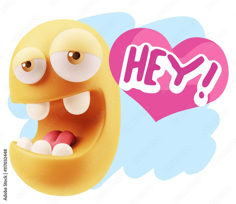 3d Rendering. Emoticon Face in Love saying Hey with Colorful Spe 3d Rendering. Emoticon Face in Love saying Hey with Colorful Spe