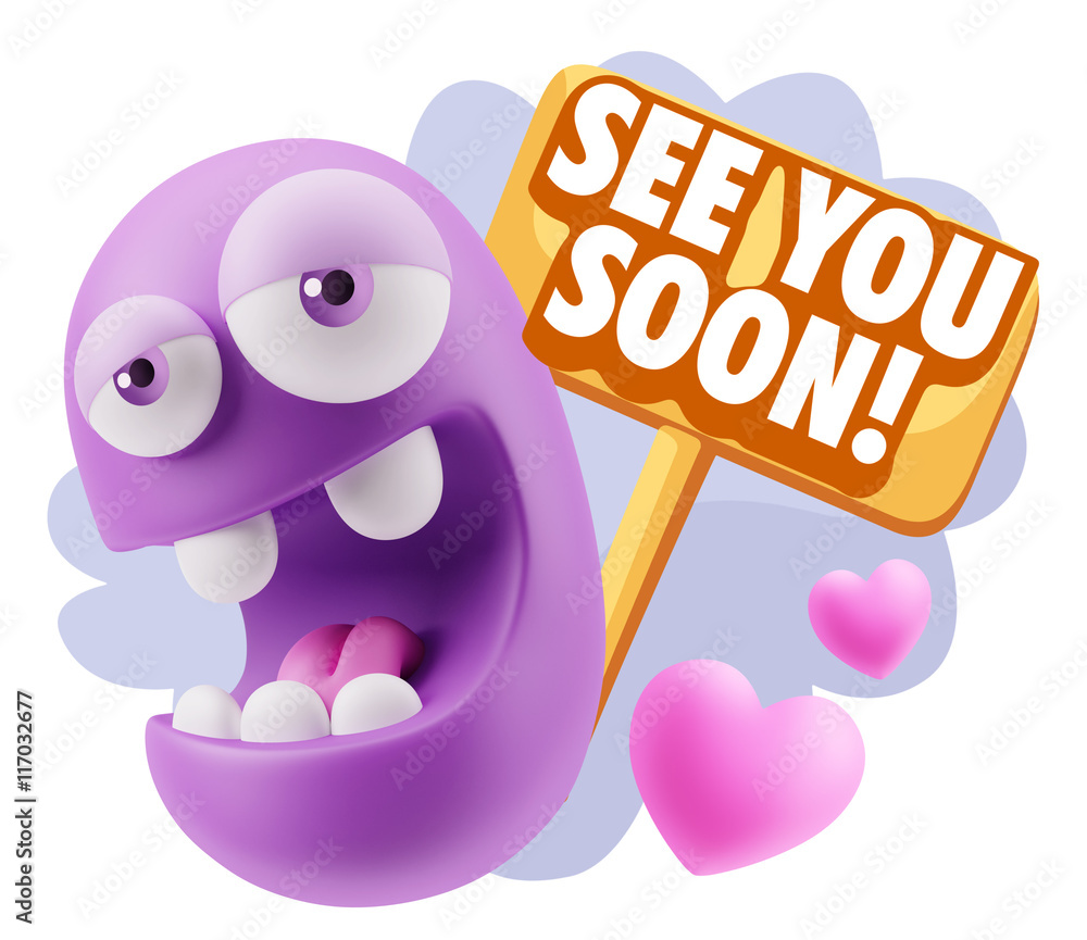 3d Rendering. Emoticon Face in Love saying See You Soon with Col 3d Rendering. Emoticon Face in Love saying See You Soon with Col