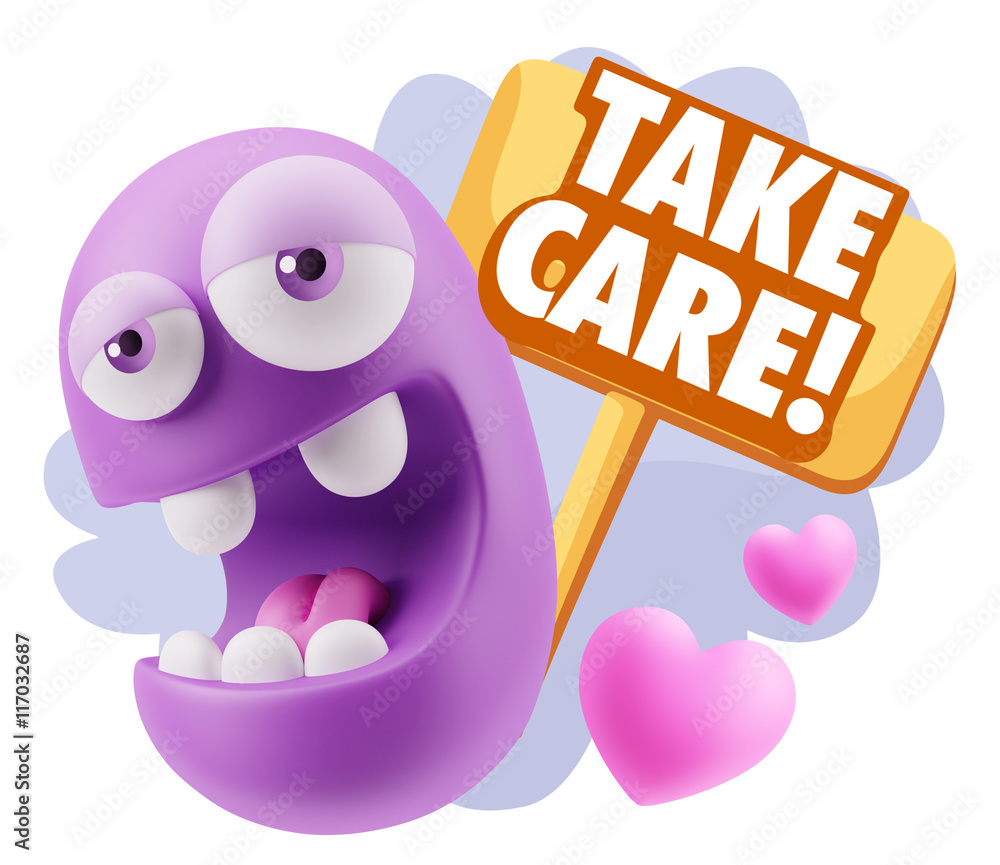 3d Rendering. Emoticon Face in Love saying Take Care with Colorf 3d Rendering. Emoticon Face in Love saying Take Care with Colorf
