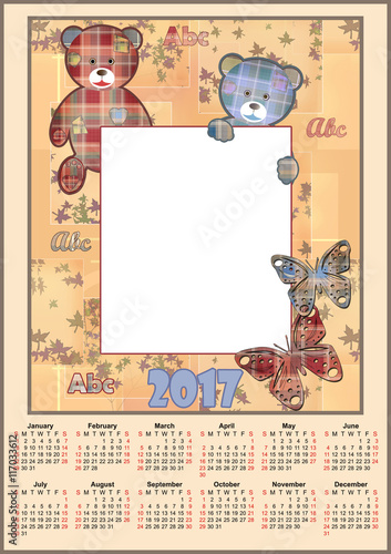 Cute kids calendar 2017 with frame bears photo