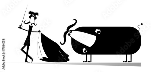 Bullfight. Cartoon bullfighter aims to the bull by sword
