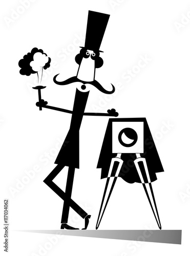 Retro photographer. Cartoon photographer requests attention and photographs
