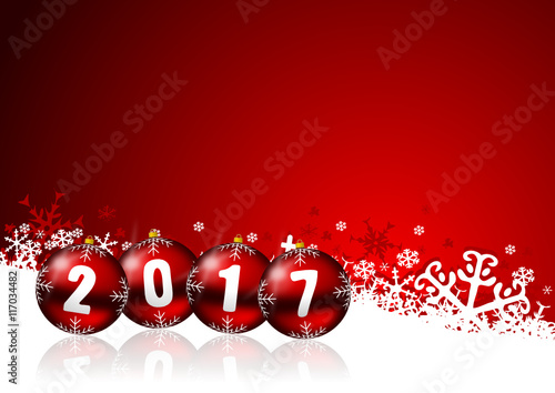 2017 new years illustration with christmas balls and snowflakes on red background 