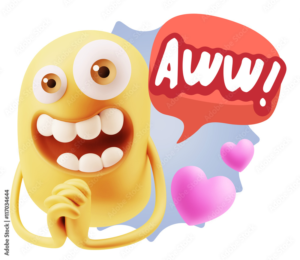 3d Rendering. Love Emoticon Face saying Awww with Colorful Speec 3d Rendering. Love Emoticon Face saying Awww with Colorful Speec
