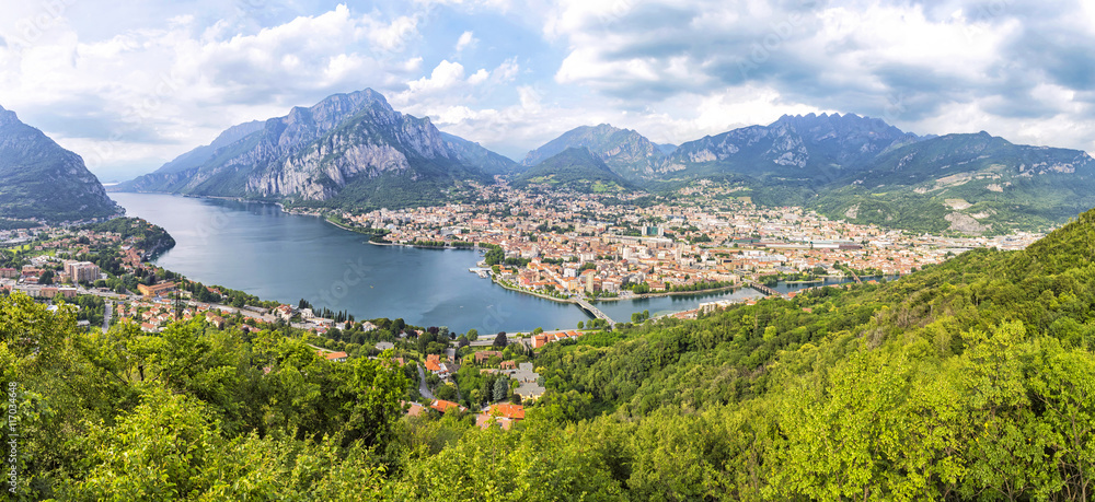 Panoramic view of Lake Como and Lecco city, Italy