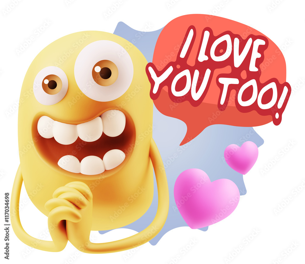 3d Rendering. Love Emoticon Face saying I Love You Too with Colo 3d Rendering. Love Emoticon Face saying I Love You Too with Colo