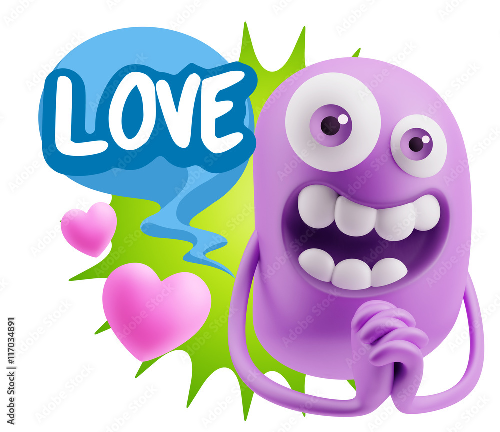 3d Rendering. Love Emoticon Face saying Love with Colorful Speec