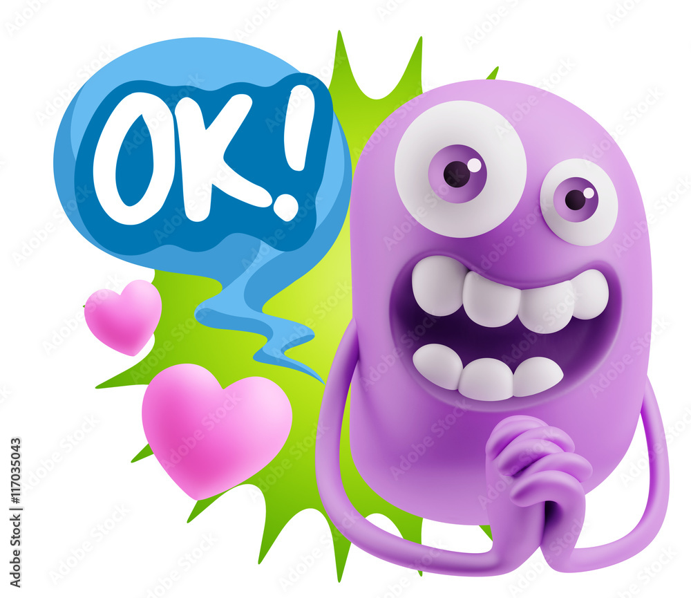 3d Rendering. Love Emoticon Face saying Ok with Colorful Speech 3d Rendering. Love Emoticon Face saying Ok with Colorful Speech