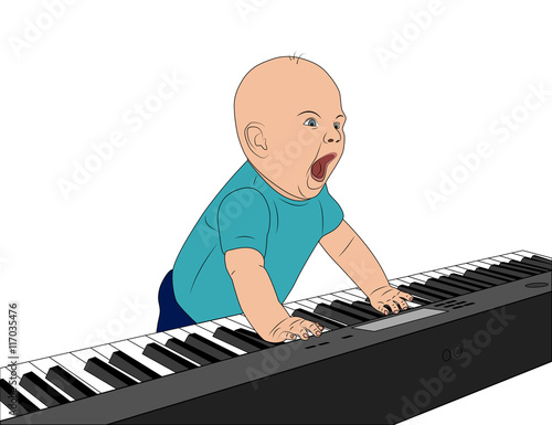 Little baby playing the piano and singing