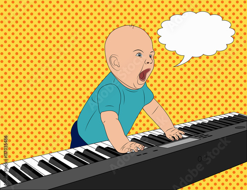 Little baby playing the piano and singing. Pop art vector illustration.