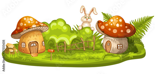Green glade with house for gnome made from mushroom