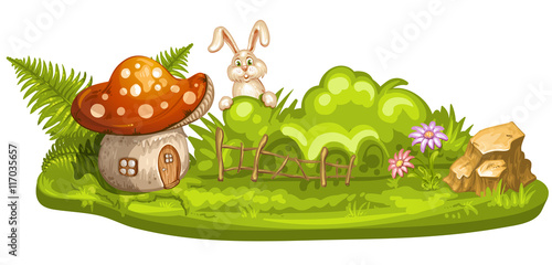 Green glade with house for gnome made from mushroom