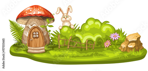 Green glade with house for gnome made from mushroom