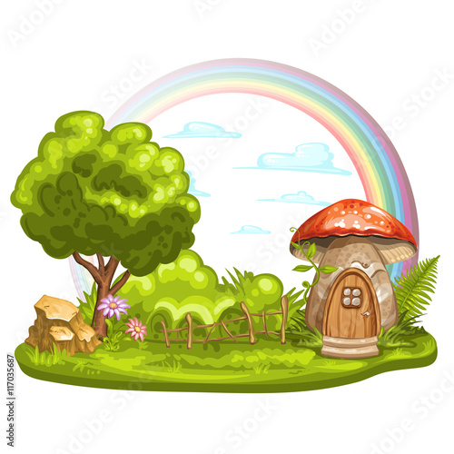 Green glade with house for gnome made from mushroom