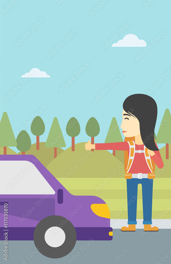 Fototapeta premium Young woman hitchhiking vector illustration.