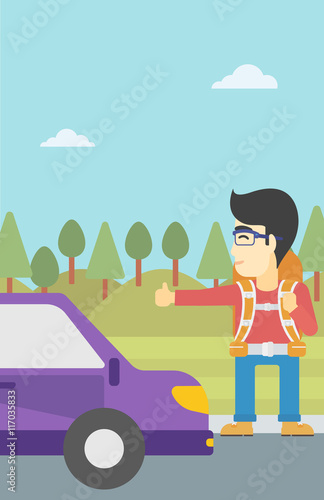 Young man hitchhiking vector illustration.