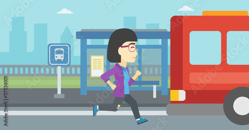 Latecomer woman running for the bus.