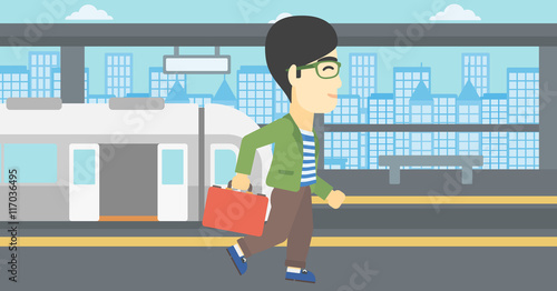 Man at the train station vector illustration.