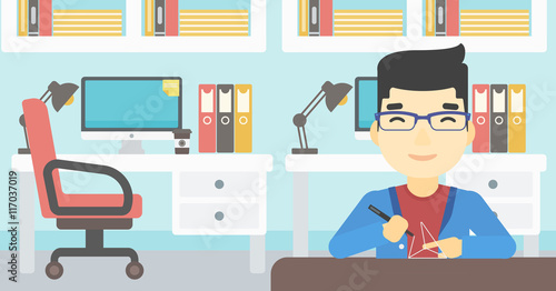 Man using three D pen vector illustration.