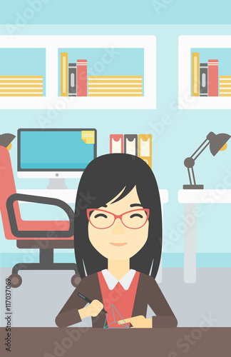 Woman using three D pen vector illustration.