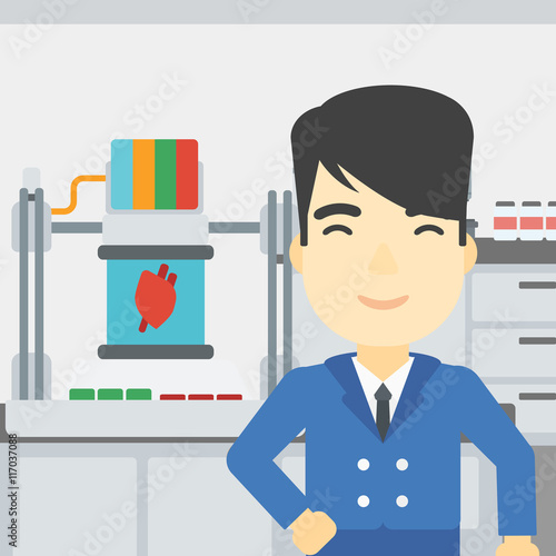 Man with three D printer vector illustration.