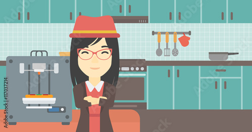 Woman with three D printer vector illustration.