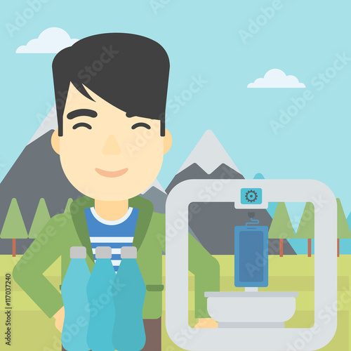 Man with three D printer vector illustration.