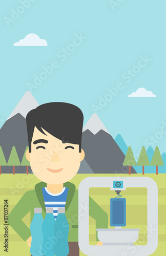 Man with three D printer vector illustration.