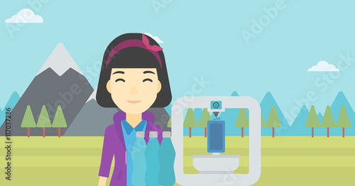 Woman with three D printer vector illustration.