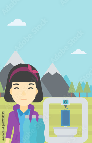 Woman with three D printer vector illustration.