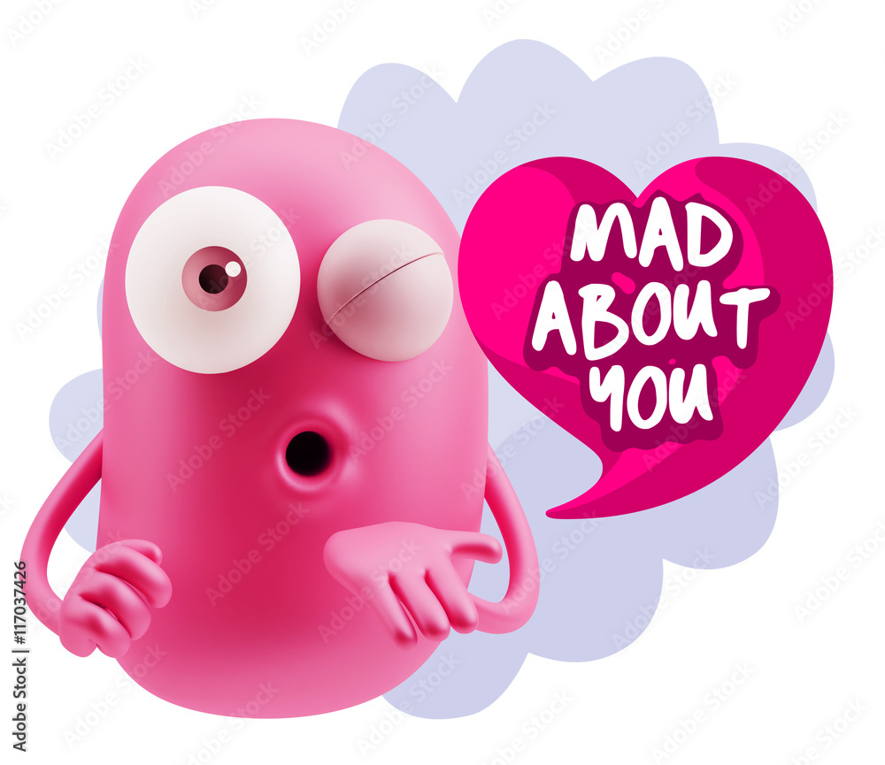 3d Rendering. Love Emoticon Face Blowing a Kiss saying Mad About 3d Rendering. Love Emoticon Face Blowing a Kiss saying Mad About