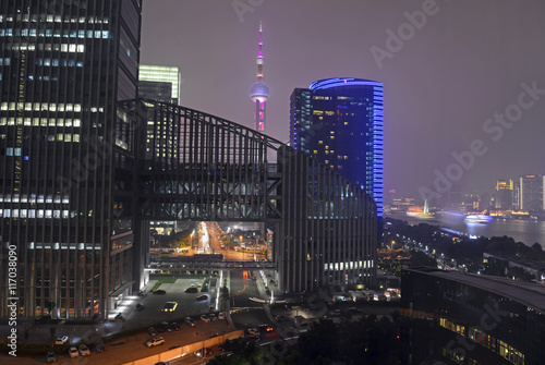 Oriential Pearl Tower in Pudong District is a television tower, Shanghai, China, night time view © nyker