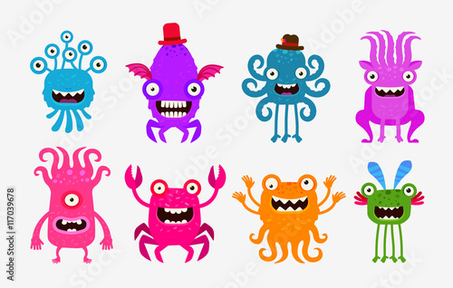 Set of cheerful and terrible monsters, ghosts, aliens. Vector illustration
