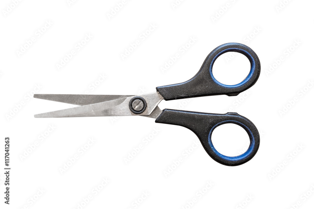 old black plastic scissors open Isolated on white background old black plastic scissors open Isolated on white background