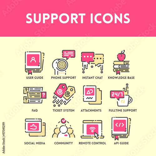 Technical support and service, social media and community help, phone support and ticket system. Flat outline color icon set. Vector Illustration.