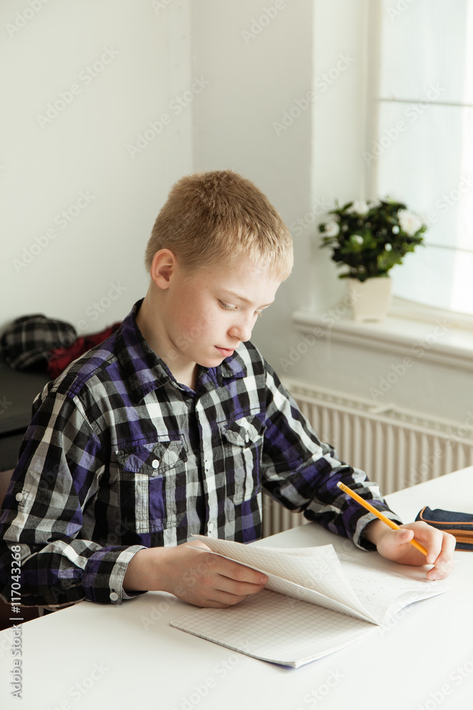 Young Teenage Boy Sitting at Desk Doing Homework Young Teenage Boy Sitting at Desk Doing Homework