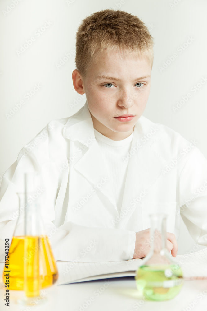 Boy Dressed as Scientist with Notebook and Beakers Boy Dressed as Scientist with Notebook and Beakers