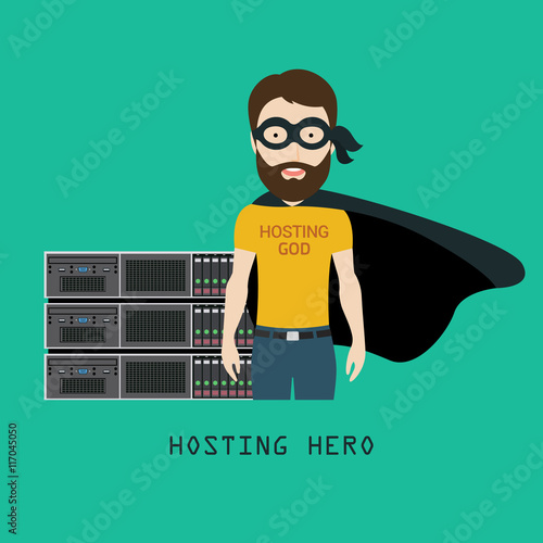 Hosting Hero in front of Servers Rack