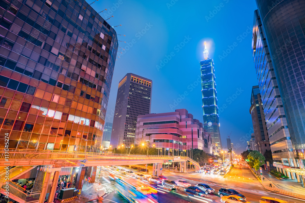 Twilight of Taipei city street skyline