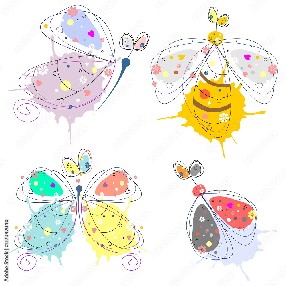 Set of vector illustration of insect. Drawn decorative cute butterfly, ladybug, wasp, isolated on the white background. Line drawing. Set of vector illustration of insect. Drawn decorative cute butterfly, ladybug, wasp, isolated on the white background. Line drawing.