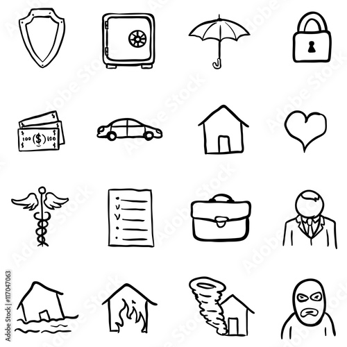 Vector Set of Black Doodle Insurance Icons