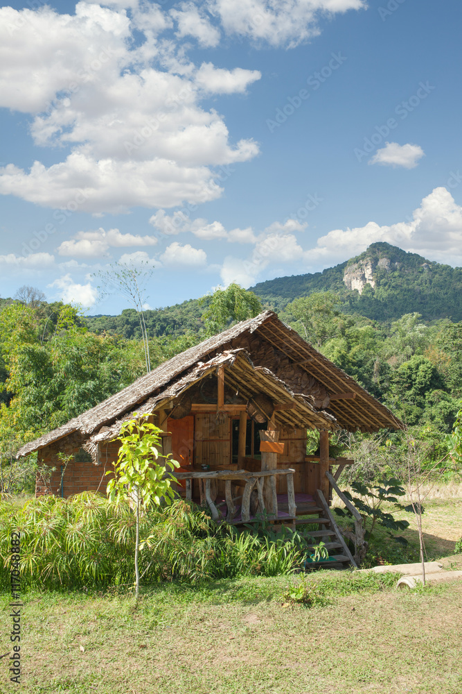 View of nice bamboo hut in summer environment View of nice bamboo hut in summer environment