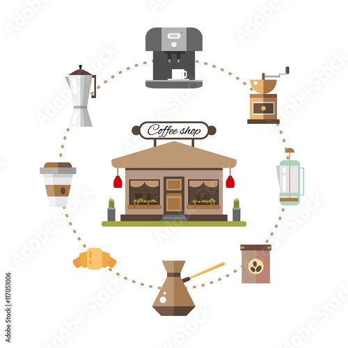 Set of icons coffee devices in flat style - vector illustration. Set for coffee shop.